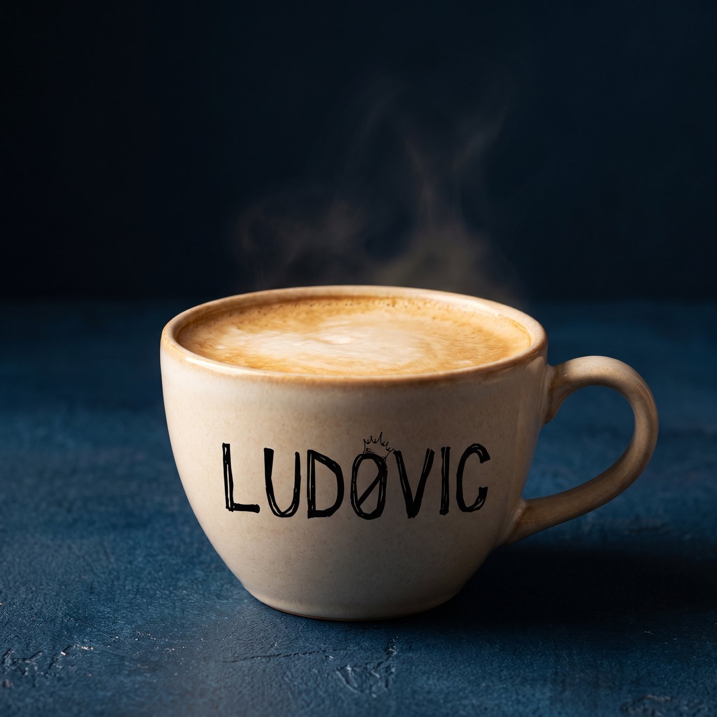Чашка капучино з логотипом LUDOVIC на синьому тлі
