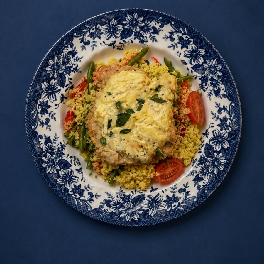 Курка з кускусом на синій тарілці